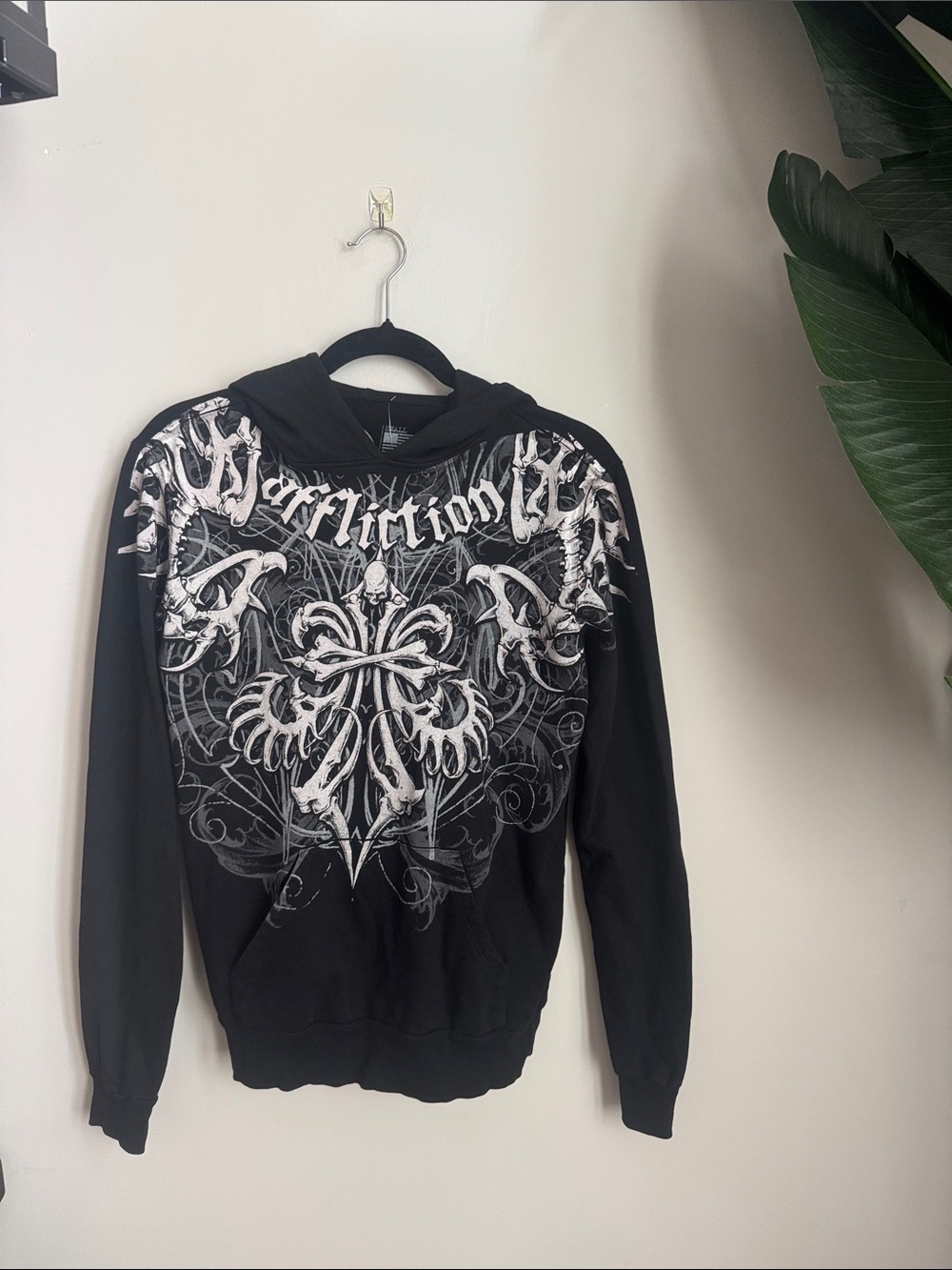 Affliction Black Hoodie Sweater with White Graphic Cross Design